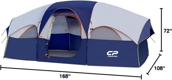 CAMPROS CP Tent 8 Person Camping Tents, Weather Resistant Family Tent, 5 Large Mesh Windows, Double Layer, Divided Curtain for Separated Room, Portable with Carry Bag - Image 8