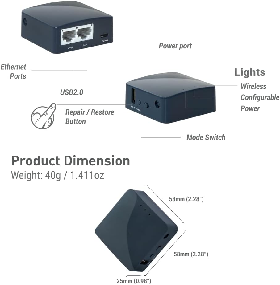 GL.iNet GL-AR300M16 Portable Mini Travel Wireless Pocket Router - WiFi Router/Access Point/Extender/WDS | OpenWrt | 2 x Ethernet Ports | OpenVPN/Wireguard VPN | USB 2.0 Port - Image 3
