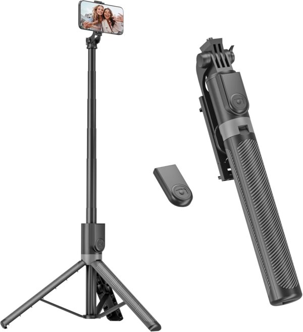 71” Phone Tripod & Selfie Stick, Portable All in One Extendable Cell Phone Tripod Stand, with Wireless Remote Control for iPhone/Samsung/Android/Camera - Image 2