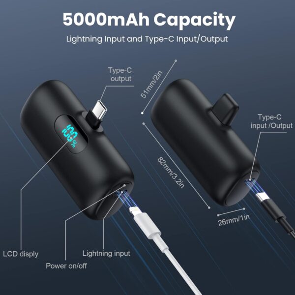 [2 Pack] Samll Portable Charger for iPhone 16/15 Series, 5000mAh 3A PD USB C Power Bank, Mini LCD Display Battery Pack Compatible with iPhone 16/16 Plus/16 Pro/15 Pro Max,Samsung,Android/Moto/LG etc - Image 8