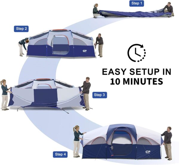 CAMPROS CP Tent 8 Person Camping Tents, Weather Resistant Family Tent, 5 Large Mesh Windows, Double Layer, Divided Curtain for Separated Room, Portable with Carry Bag - Image 3