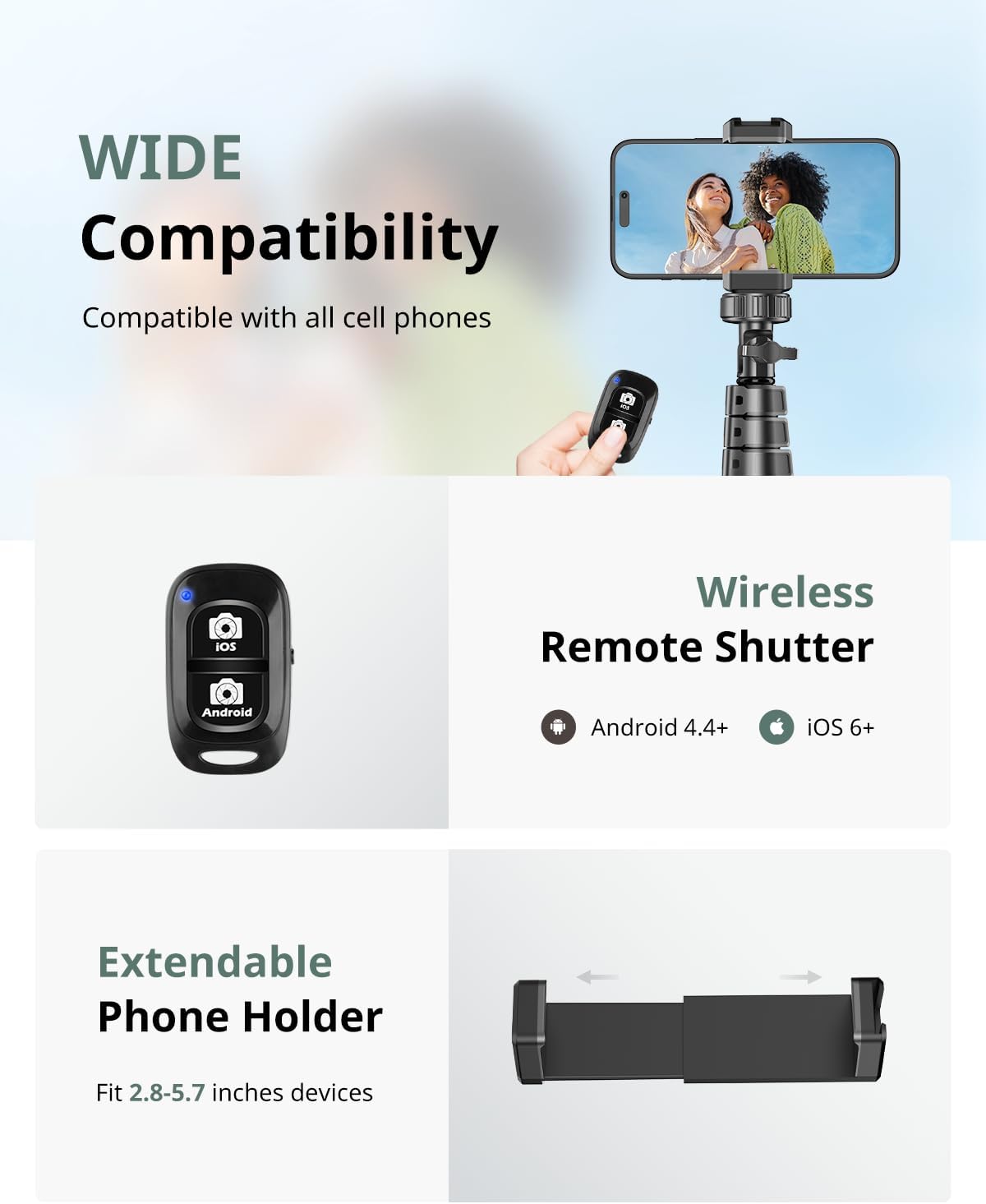 SENSYNE 62" Phone Tripod & Selfie Stick, Extendable Cell Phone Tripod Stand with Wireless Remote and Phone Holder, Compatible with iPhone Android Phone, Camera - Image 7