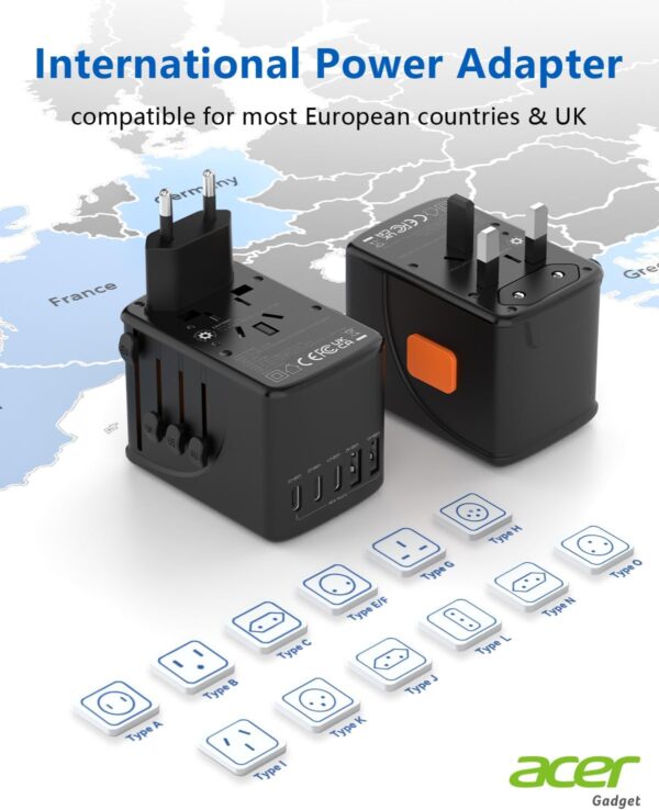 Acer Universal Travel Plug Adapter - International Power Adapter with 5 USB Ports (3 USB C) 5.8A, Worldwide Outlet Charger for USA to European UK France Germany Spain, Type C/E/F/G/I/L/A, Black - Image 3