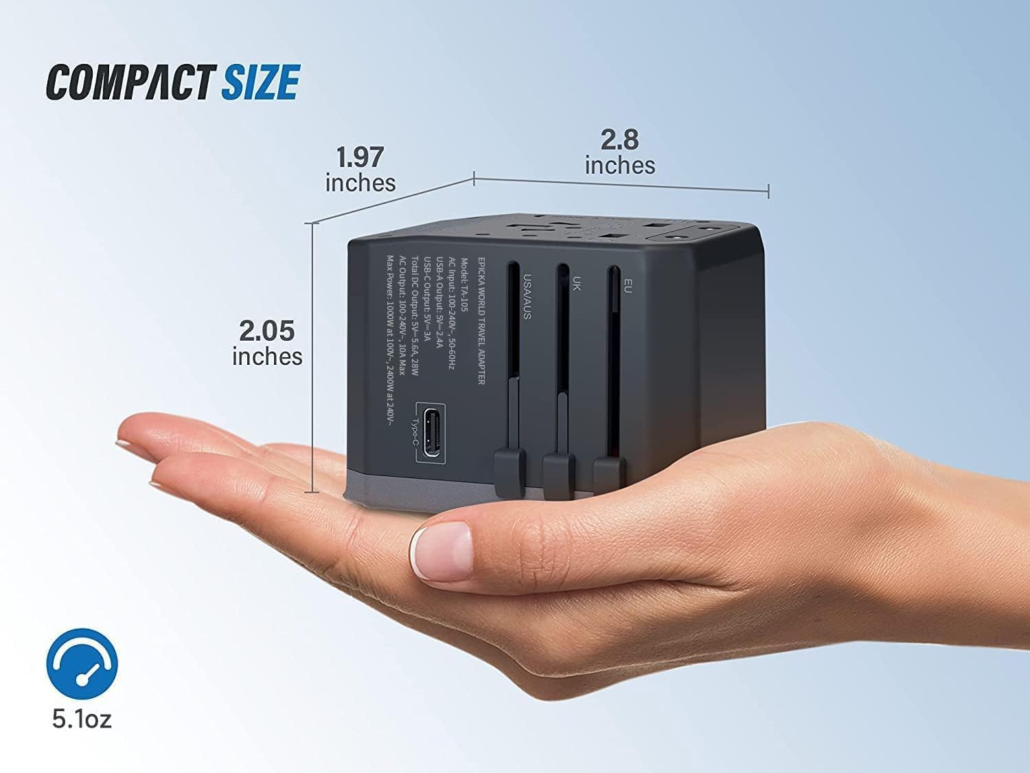 EPICKA Universal Travel Adapter, European Travel Plug Adapter (Not a Voltage Converter) - International Power Adapter Worldwide Charger with USB-C & 4 USB-A Ports, Travel Essentials (TA-105, Grey) - Image 8