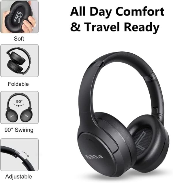 RUNOLIM Hybrid Active Noise Cancelling Headphones, Wireless Over Ear Bluetooth Headphones with Microphone, 70H Playtime, Foldable Headphone with HiFi Audio, Deep Bass for Home Travel Office - Image 5
