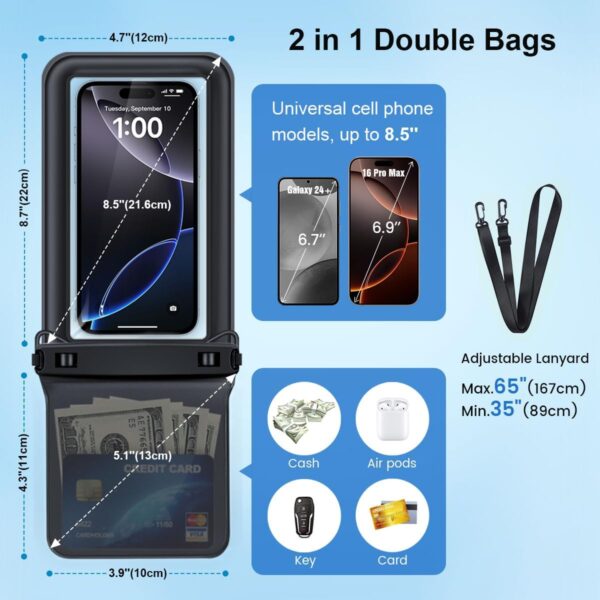 [Up to 8.5''] Floating Waterproof Phone Pouch, Double Bags Waterproof Phone Case with Lanyard for iPhone 16 15 Pro Max, Galaxy S25 S24 Ultra, IPX8 Cellphone Dry Bag Beach Cruise Ship Essentials 2 Pack - Image 6