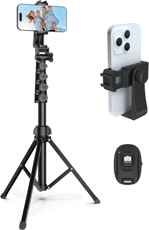 64” Tripod for Cell Phone & Camera, Phone Tripod with Remote and Phone Holder, Sturdy & Stable Height Adjustable Multi-Angle Shot Selfie Stick Tripod for Video Recording - Image 2