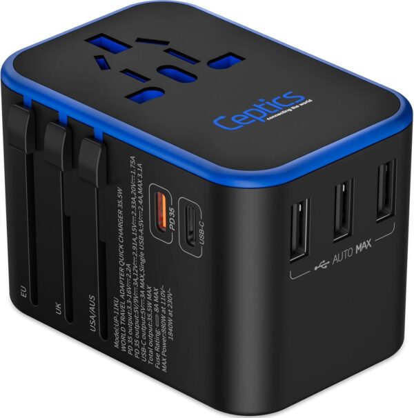Ceptics Universal Travel Adapter, 35W International Power Adapter with PD & QC 3.0 Dual USB-C, 3 USB Travel Adapter Worldwide, Type I C G A Outlets 110V 220V A/C - EU Euro US UK (11-KU) - Image 2
