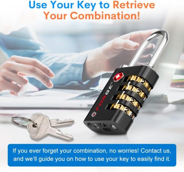 Forge Dual-Opening: Key or Combination Access Lock, TSA Approved Locks for Luggage, Pelican case, Travel, Gym, School, Stainless Steel Shackle. (Black, 4 Pk) - Image 6