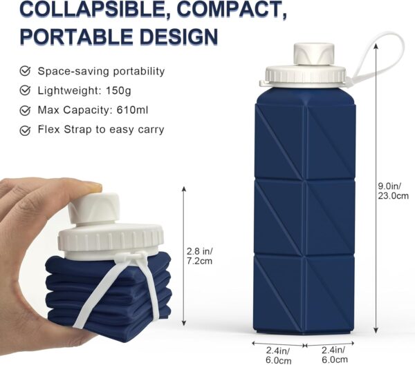 Collapsible Water Bottles 20.6oz, Silicone Foldable Portable Travel Water Bottle, Lightweight Reusable Leakproof for Traveling Camping Hiking Cycling Yoga Sports Outdoor, 1 Pack (Dark Blue) - Image 4