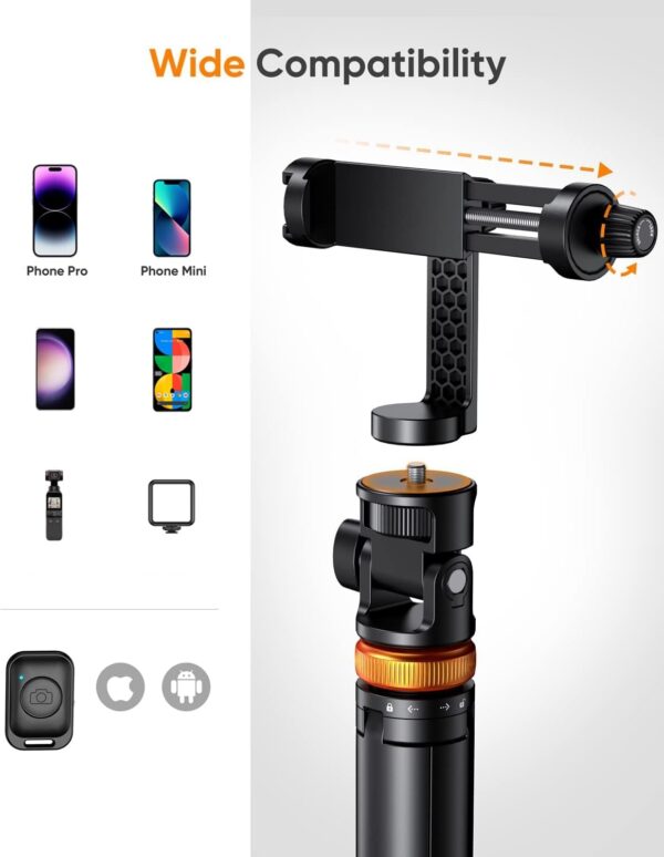 EUCOS 62" Phone Tripod, Tripod for iPhone & Selfie Stick Tripod with Remote, Extendable Phone Tripod Stand & Travel Tripod, Solidest Cell Phone Tripod Compatible with iPhone/Android - Image 5