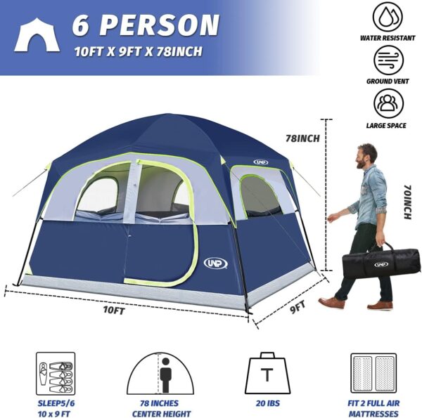 UNP Tents 6 Person Waterproof Windproof Easy Setup,Double Layer Family Camping Tent with 1 Mesh Door & 5 Large Mesh Windows -10'X9'X78in(H) - Image 3