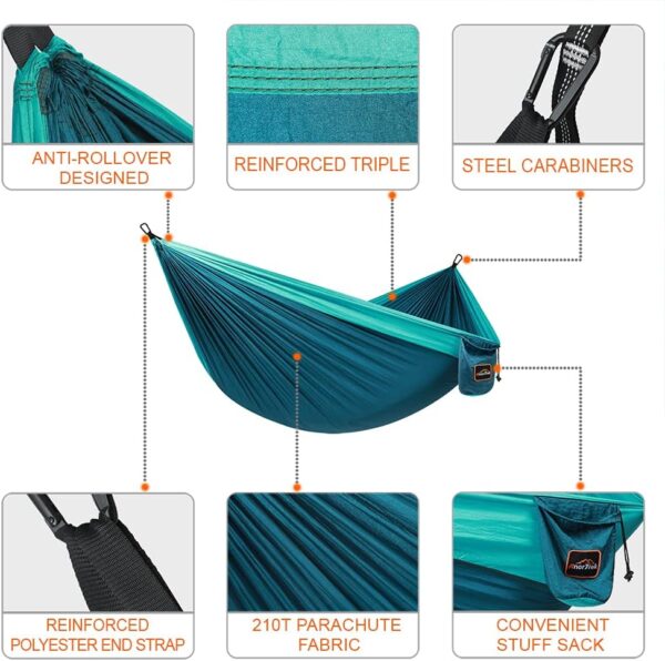 Camping Hammock, Super Lightweight Portable Parachute Hammock with Two Tree Straps Single or Double Nylon Travel Tree Hammocks for Camping Backpacking Hiking - Image 3