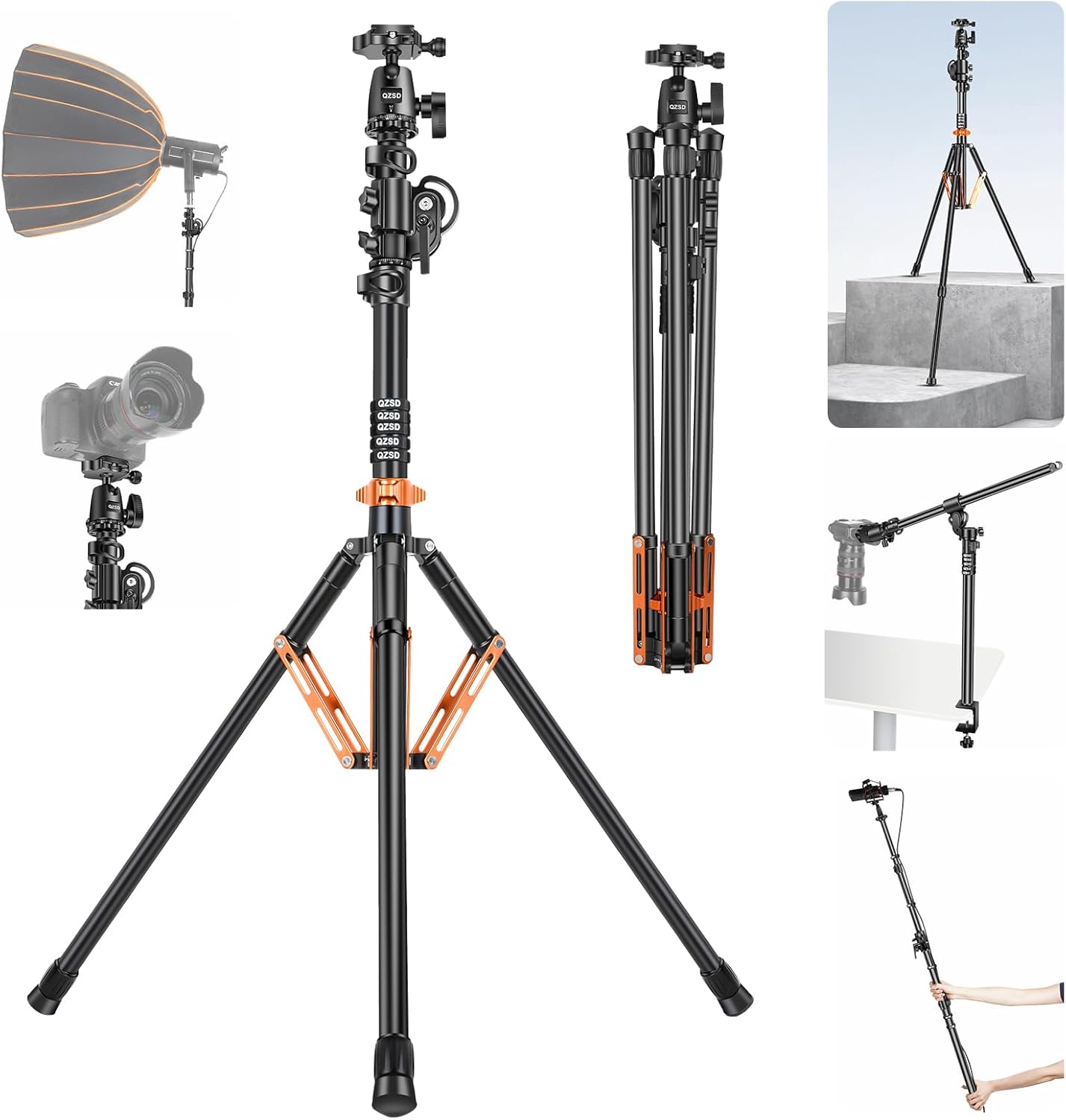 Multi-Function transver Light Stand, 3-8.2ft/94-252cm Aluminum Lighting Tripod, Desktop Stand, Aluminum Ball Head,Detachable Monopod,Stand w/ 1/4" 3/8" Screw for Strobe Light Camera Softbox - Image 2