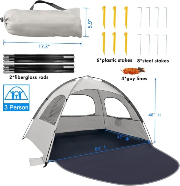 WhiteFang Beach Tent Anti-UV Portable Sun Shade Shelter for 3/4/6/8 Person, Extendable Floor with 3 Ventilating Mesh Windows Plus Carrying Bag, Stakes and Guy Lines - Image 8