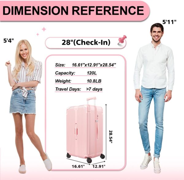Krute Luggage 28 Inch Suitcase with 4 Universal Wheels TSA Lock PC+ABS Hardside Checked Luggage (Pink) - Image 3