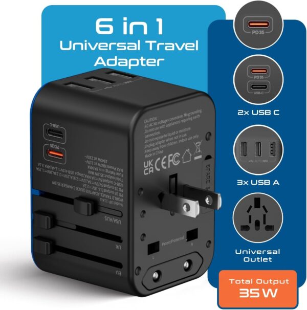 Ceptics Universal Travel Adapter, 35W International Power Adapter with PD & QC 3.0 Dual USB-C, 3 USB Travel Adapter Worldwide, Type I C G A Outlets 110V 220V A/C - EU Euro US UK (11-KU) - Image 3