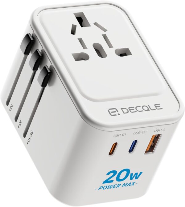 Universal Travel Adapter, International Travel Plug Adapter with 2 USB-C(PD 20W) ＆ 1 USB-A Ports, All in One Portable Adaptor, for USA, UK, EU, AU ＆ 224+ Countries (White) US - Image 2
