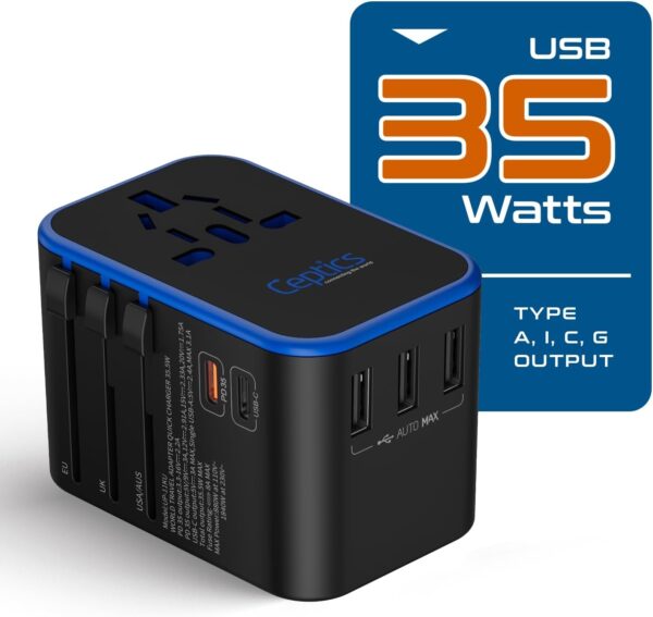 Ceptics Universal Travel Adapter, 35W International Power Adapter with PD & QC 3.0 Dual USB-C, 3 USB Travel Adapter Worldwide, Type I C G A Outlets 110V 220V A/C - EU Euro US UK (11-KU) - Image 8