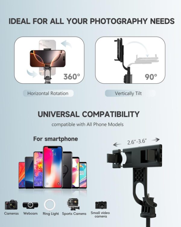 71” Phone Tripod & Selfie Stick, Portable All in One Extendable Cell Phone Tripod Stand, with Wireless Remote Control for iPhone/Samsung/Android/Camera - Image 6