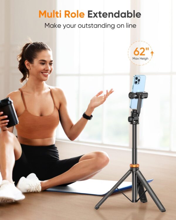 EUCOS 62" Phone Tripod, Tripod for iPhone & Selfie Stick Tripod with Remote, Extendable Phone Tripod Stand & Travel Tripod, Solidest Cell Phone Tripod Compatible with iPhone/Android - Image 4