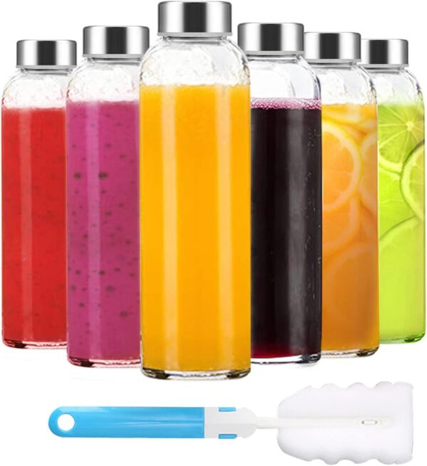 Clear Glass Bottles with Lids 18 oz, Reusable Glass Water Bottles with Stainless Steel Cap for Juicing, Refrigerator,100% Leak Proof, BPA Free, Juice Water Bottle Set of 6 - Image 2