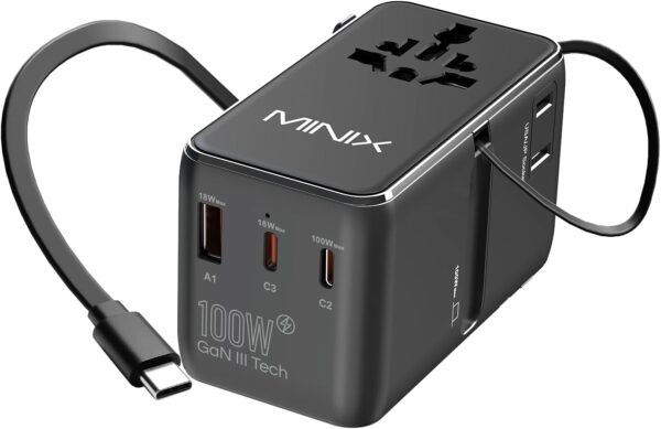 MINIX 100W Universal Travel Adapter with Retractable USB C Cable,GaN III International Power Adapter, Type-C*3 USB-A*1 Ports, AC Outlet, Worldwide Travel Charger for Laptops Tablets Phones Cameras - Image 2
