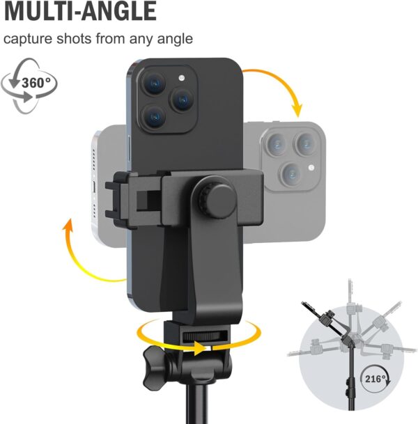 64” Tripod for Cell Phone & Camera, Phone Tripod with Remote and Phone Holder, Sturdy & Stable Height Adjustable Multi-Angle Shot Selfie Stick Tripod for Video Recording - Image 4