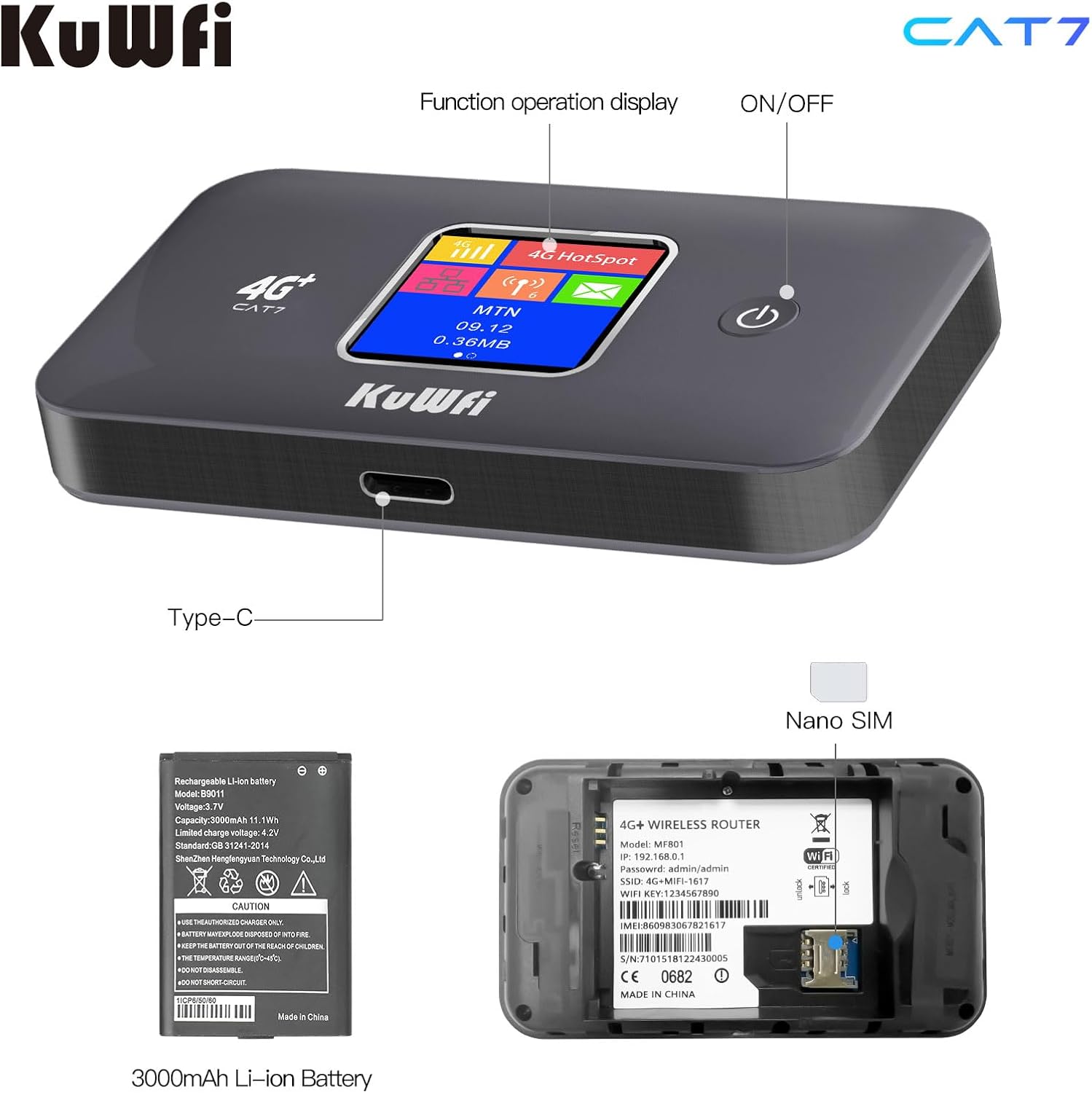 KuWFi 4G+ CAT7 Unlocked 4G LTE Mobile WiFi Hotspot, 300Mbps High-Speed Travel Router with SIM Card Slot for RV/Camping/Trips, Works with T-Mobile AT&T - Image 3