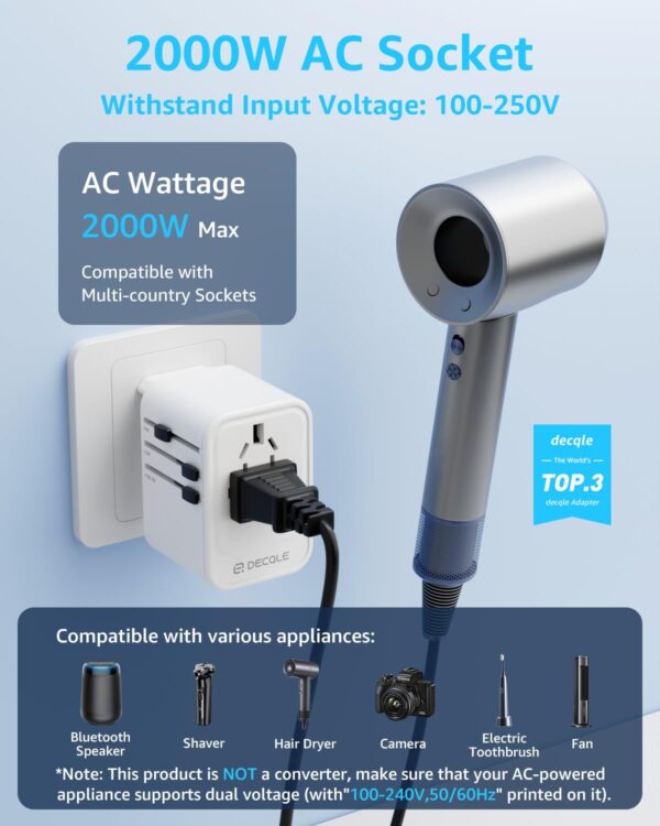 Universal Travel Adapter, International Travel Plug Adapter with 2 USB-C(PD 20W) ＆ 1 USB-A Ports, All in One Portable Adaptor, for USA, UK, EU, AU ＆ 224+ Countries (White) US - Image 3