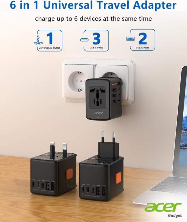Acer Universal Travel Plug Adapter - International Power Adapter with 5 USB Ports (3 USB C) 5.8A, Worldwide Outlet Charger for USA to European UK France Germany Spain, Type C/E/F/G/I/L/A, Black - Image 4