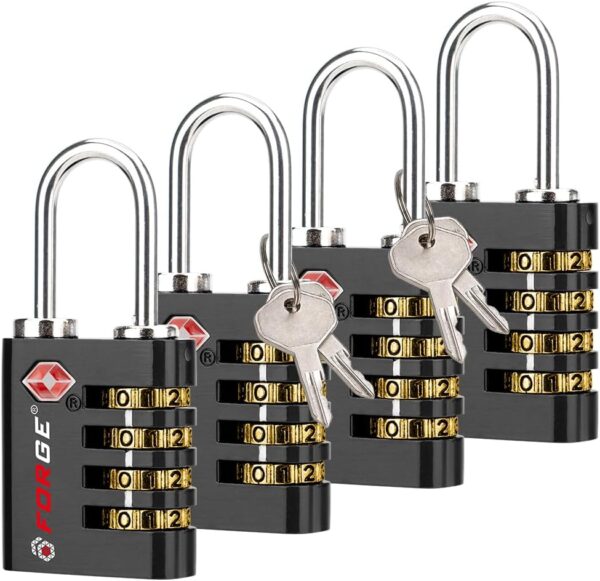 Forge Dual-Opening: Key or Combination Access Lock, TSA Approved Locks for Luggage, Pelican case, Travel, Gym, School, Stainless Steel Shackle. (Black, 4 Pk) - Image 2