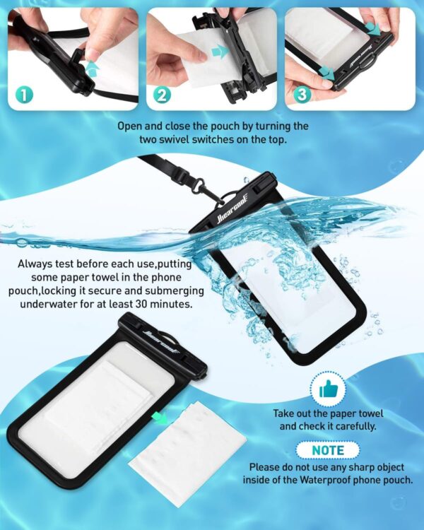 Hiearcool Waterproof Phone Pouch, Universal Case Compatible for iPhone 17 16 15 14 13 Pro Max Plus Up to 8.3", IPX8 Beach Travel Essentials-Black-2 Pack - Image 8