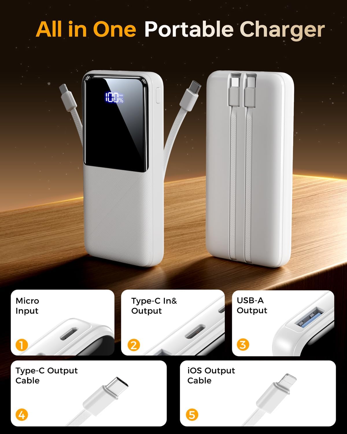 Portable Charger Power Bank - 15000mAh Battery Pack Portable Phone Charger with Built in Cables 22.5W Fast Charging Powerbank Compatible with iPhone Android Samsung Phone, Travel Camping Essential - Image 3