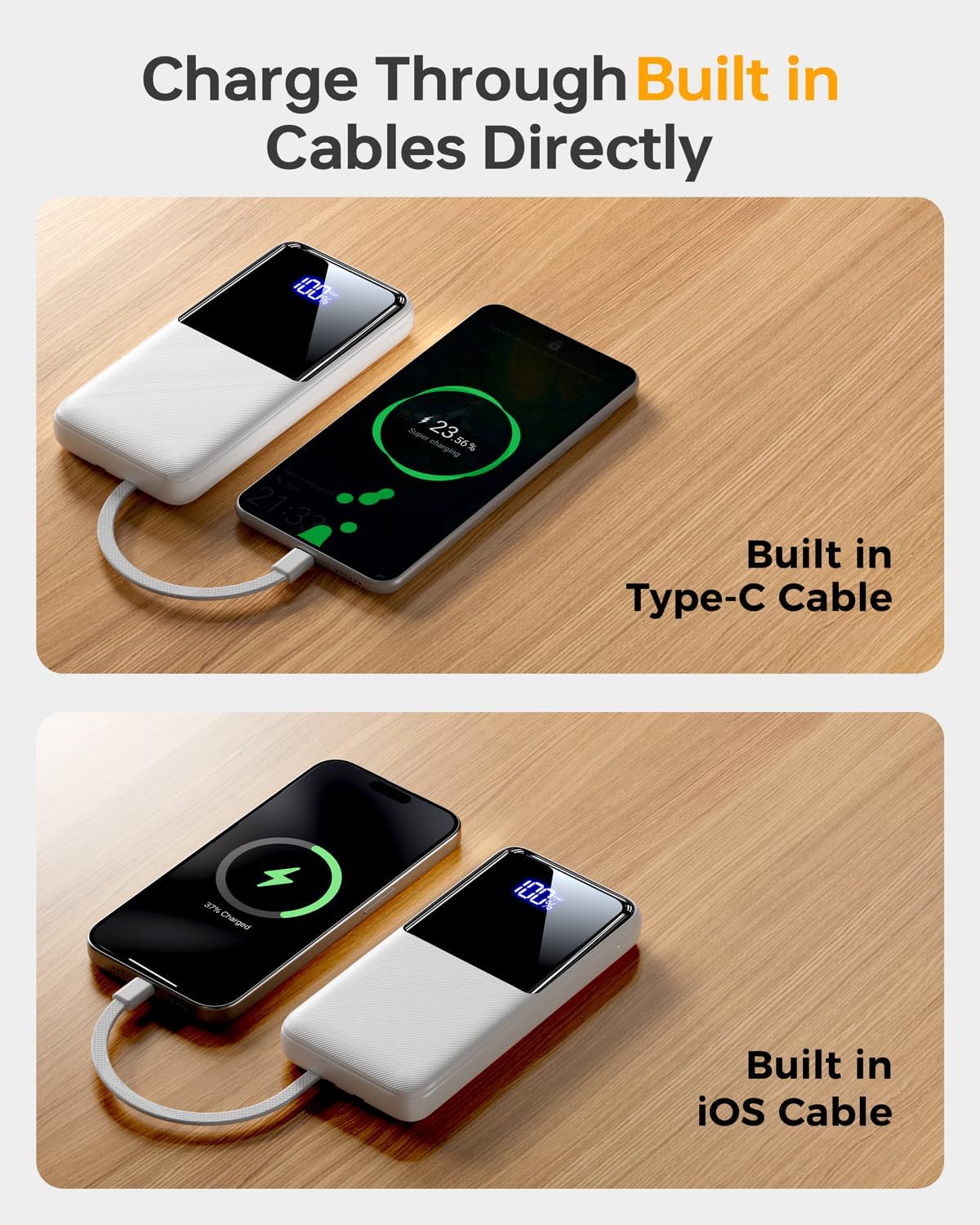 Portable Charger Power Bank - 15000mAh Battery Pack Portable Phone Charger with Built in Cables 22.5W Fast Charging Powerbank Compatible with iPhone Android Samsung Phone, Travel Camping Essential - Image 5