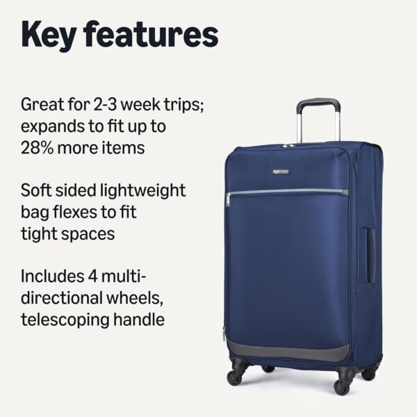 Amazon Basics Luggage, 28" Large Checked Softside Suitcase With Wheels With Four 360-Degree Multi-directional Spinner Wheels Expandable Space Zippered Pocket and Straps, Telescopic Handle, Navy Blue - Image 3