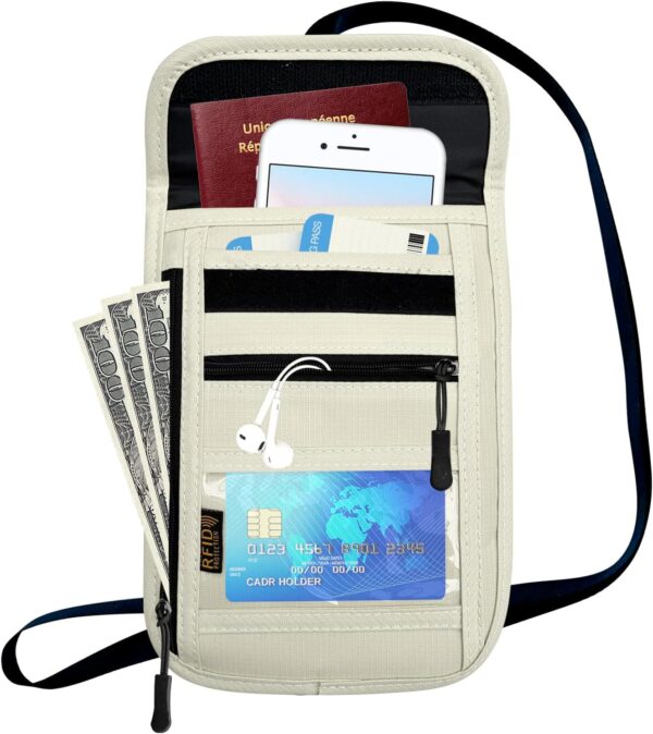 RFID Blocking Travel Neck Wallet Pouch and Passport Holder, Travel Neck Pouch Passport Holder for Women & Men - Beige - Image 3