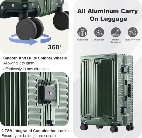 Gets All Aluminum Carry on Luggage Airline Approved,24 Inch Hardshell Spinner Luggage With Cup Holder and USB Charger,TSA Lock,Front Pocket Durable Suitcase for Women Men-Dark Green,26x16x10 - Image 9