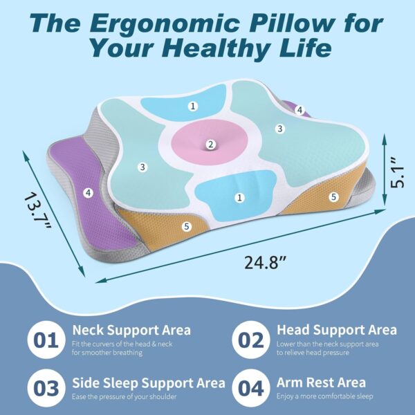 Cervical Neck Pillow for Pain Relief - Cooling Ergonomic Neck Support Pillow for Sleeping, Orthopedic Contour Memory Foam Pillows for Side, Back & Stomach Sleepers with Pillowcase (White) - Image 3