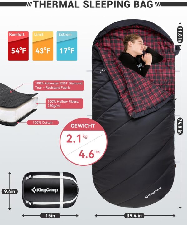 KingCamp Sleeping Bag for Adults, Cold Weather & Warm Extra Wide Big & Tall XL Portable Waterproof Flannel Sleeping Bags, Essentials Gear Accessories for Camping Backpacking Hiking Indoor & Outdoor - Image 4