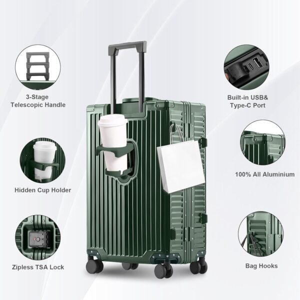 Gets All Aluminum Carry on Luggage Airline Approved,24 Inch Hardshell Spinner Luggage With Cup Holder and USB Charger,TSA Lock,Front Pocket Durable Suitcase for Women Men-Dark Green,26x16x10 - Image 5