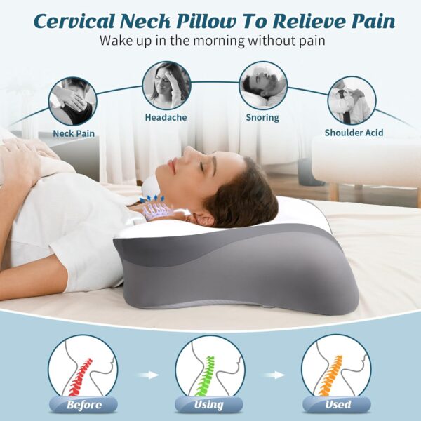 Cooling Cervical Pillow for Neck Pain Relief, Ergonomic Side Sleeper Pillow for Sleeping, Contour Memory Foam Pillows for Neck Support, Orthopedic Bed Pillow for Back Stomach Sleepers Grey White - Image 3