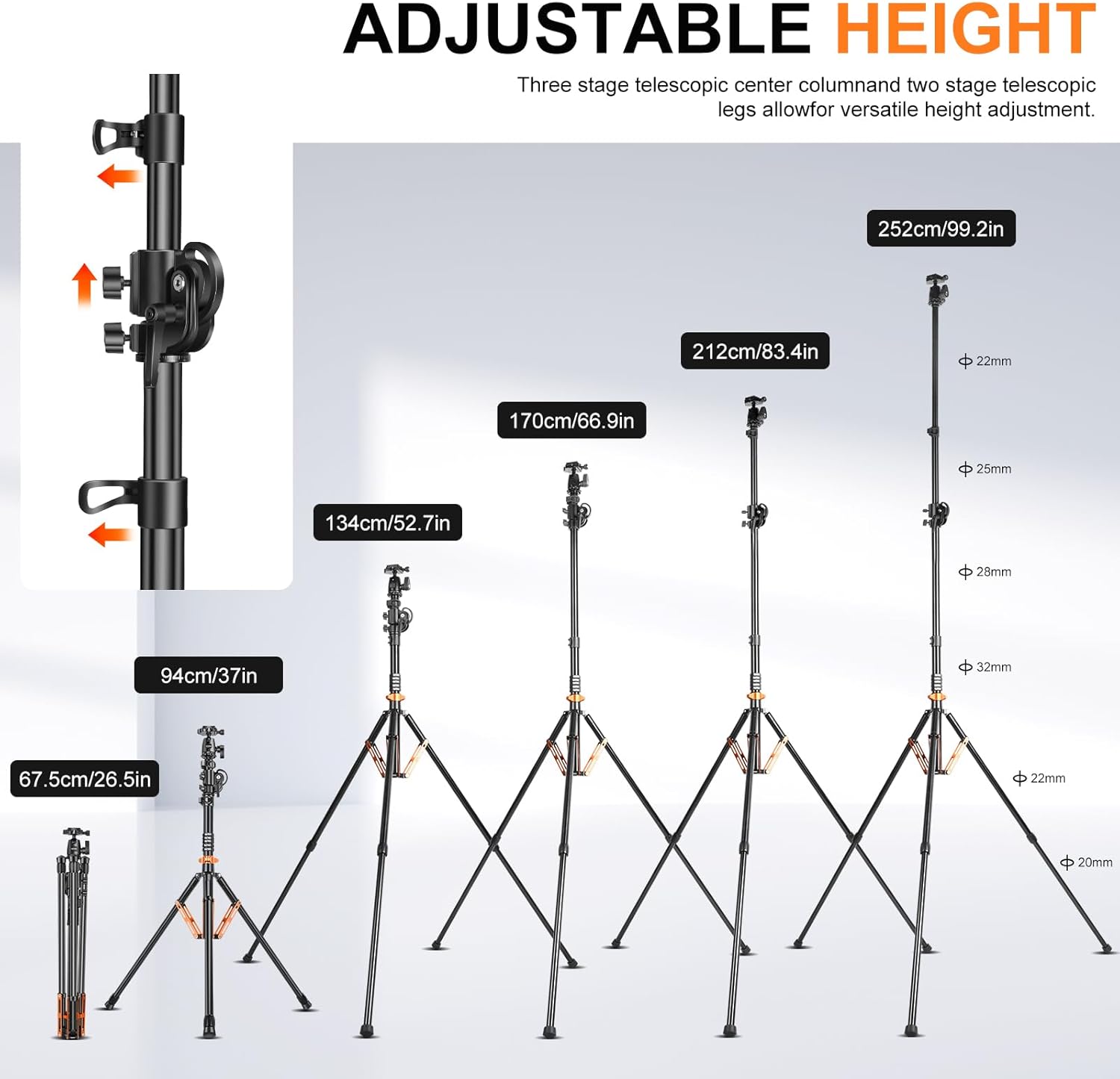 Multi-Function transver Light Stand, 3-8.2ft/94-252cm Aluminum Lighting Tripod, Desktop Stand, Aluminum Ball Head,Detachable Monopod,Stand w/ 1/4" 3/8" Screw for Strobe Light Camera Softbox - Image 6