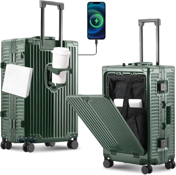Gets All Aluminum Carry on Luggage Airline Approved,24 Inch Hardshell Spinner Luggage With Cup Holder and USB Charger,TSA Lock,Front Pocket Durable Suitcase for Women Men-Dark Green,26x16x10 - Image 2
