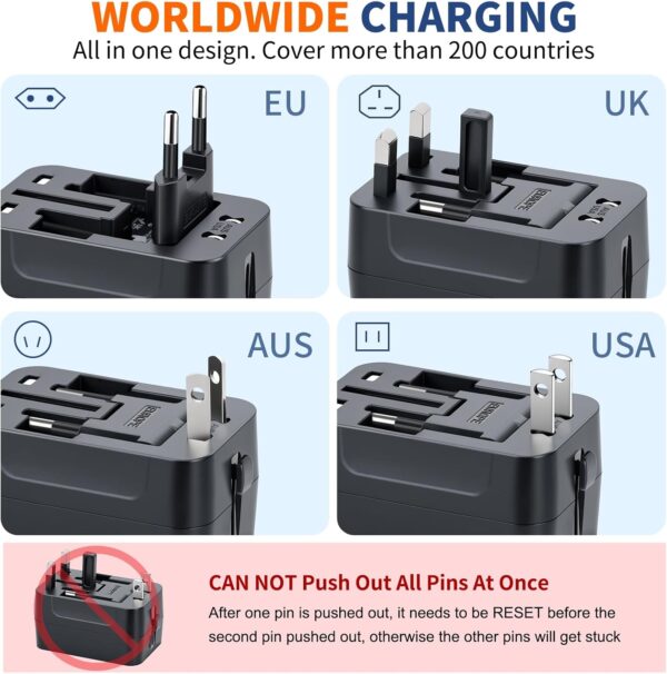 Travel Adapter with USB C, Universal All in One Worldwide Travel Adapter Power Converters Wall Charger AC Power Plug Adapter USB Type C Charging Ports for USA EU UK AUS Black - Image 4