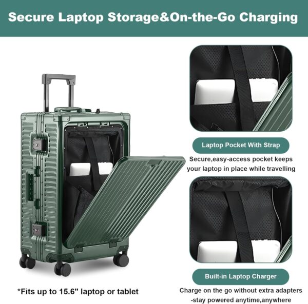 Gets All Aluminum Carry on Luggage Airline Approved,24 Inch Hardshell Spinner Luggage With Cup Holder and USB Charger,TSA Lock,Front Pocket Durable Suitcase for Women Men-Dark Green,26x16x10 - Image 4