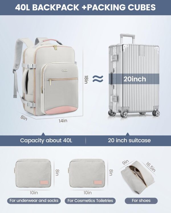 LOVEVOOK Travel Backpack for Women & Men 40L,Airline Approved Carry On Backpack Travel Essentials,TSA Carry on Luggage,Waterproof Personal Item Travel Bag,Suitcase with 3 Packing Cubes,Light gray-Pink - Image 8