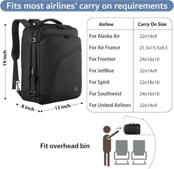 MATEIN Carry on Backpack, Extra Large Travel Backpack Expandable Airplane Approved Weekender Bag for Men and Women, Water Resistant Lightweight Daypack for Flight 40L, Black - Image 3
