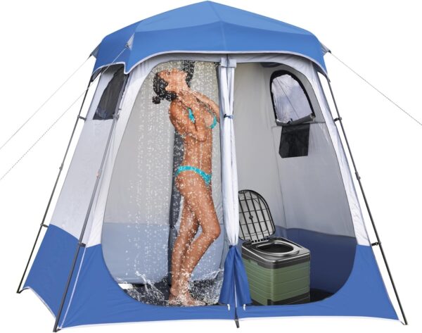2-Room Camping Shower Tent, Instant Pop-up Privacy Shelter, Extra Large Changing Room & Toilet Tents with Ventilation, Portable Outdoor Shower with Rainfly & Floor for Dressing, Hiking, Beach, Fishing - Image 2