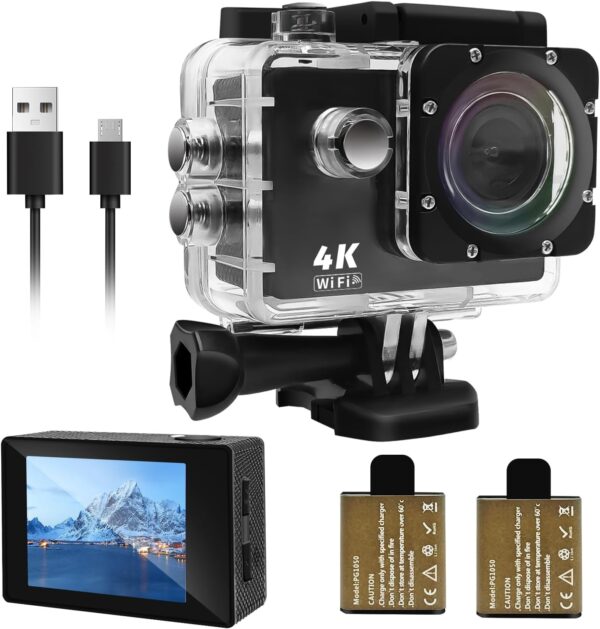 Action Camera 4K 30FPS, Waterproof Camera 30M Underwater Ultra HD 131FT 170°Wide Angle Shooting, with 2 x 1050 mAh Batteries for Swimming, Cycling, Fishing, Climbing - Image 2